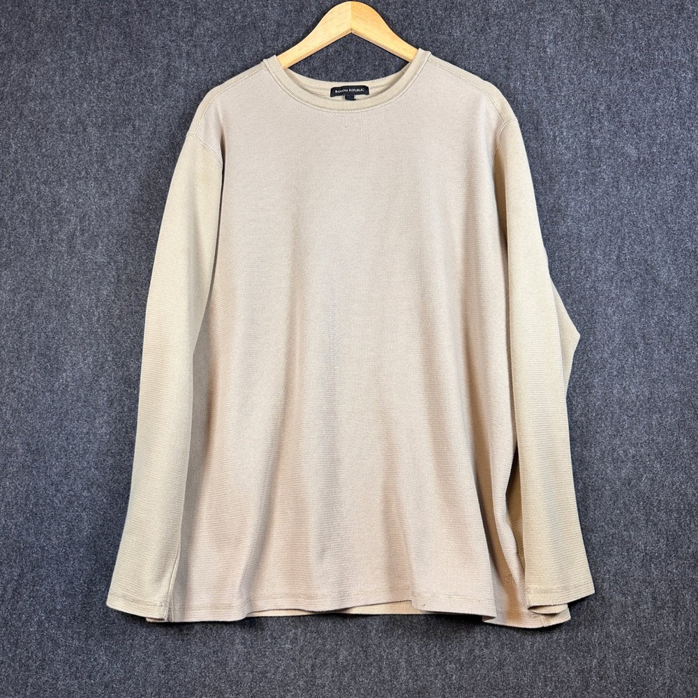 Banana Republic Mens XXL Beige Waffle Knit Long Sleeve Crewneck Shirt Tan Cotton